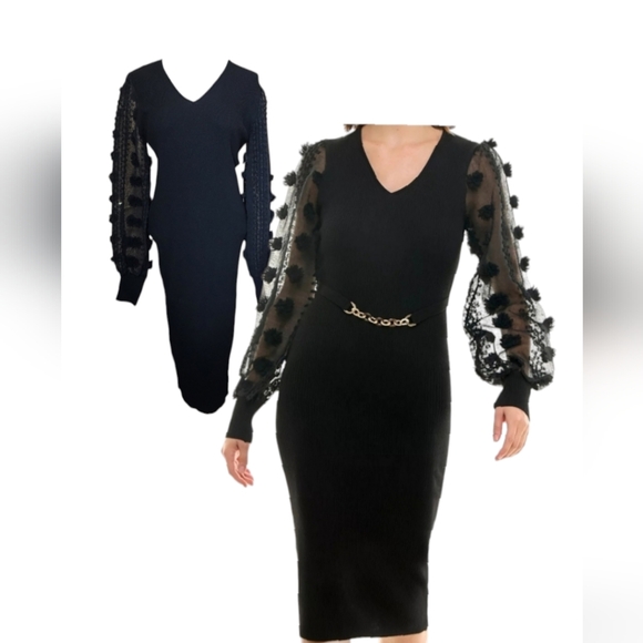 Puff Lace Sleeve Ribbed Sweater Dress plus size Fall / Winter Midi Dress - Picture 12 of 15